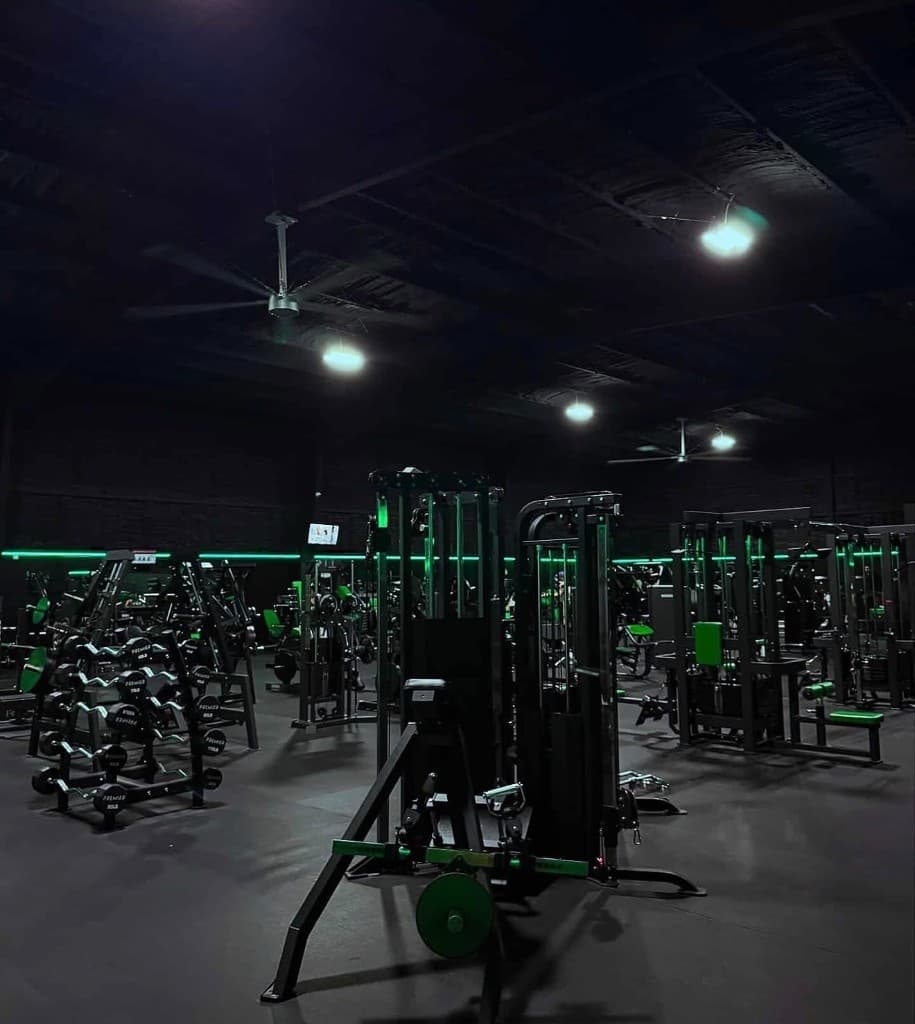 Paradise Gym weight floor with custom equipment and neon green accents